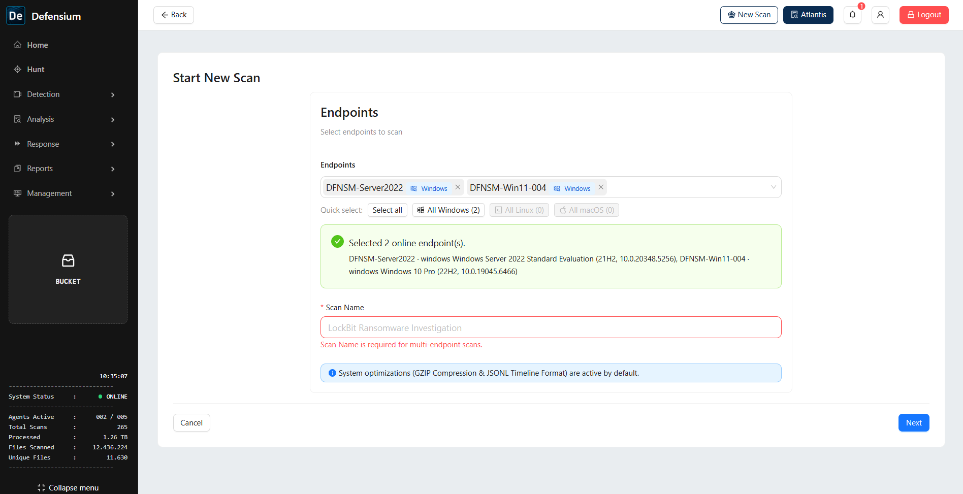Defensium New Scan endpoint selection with two online Windows endpoints