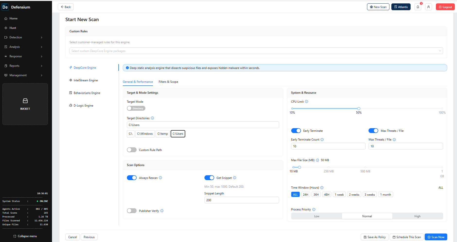 Defensium DeepCore configuration with target directories and resource controls